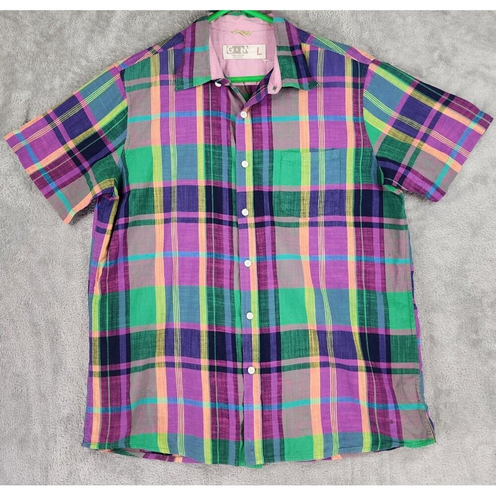 G&M Shirt Mens Large Multicolor Plaid Casual Preppy Button Up Short Sleeve